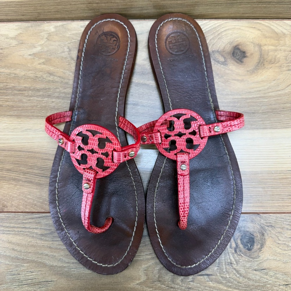 Tory Burch Gabriel Miller Croc‎ Leather Flip Flops 8.5 M Coral Vacation Travel